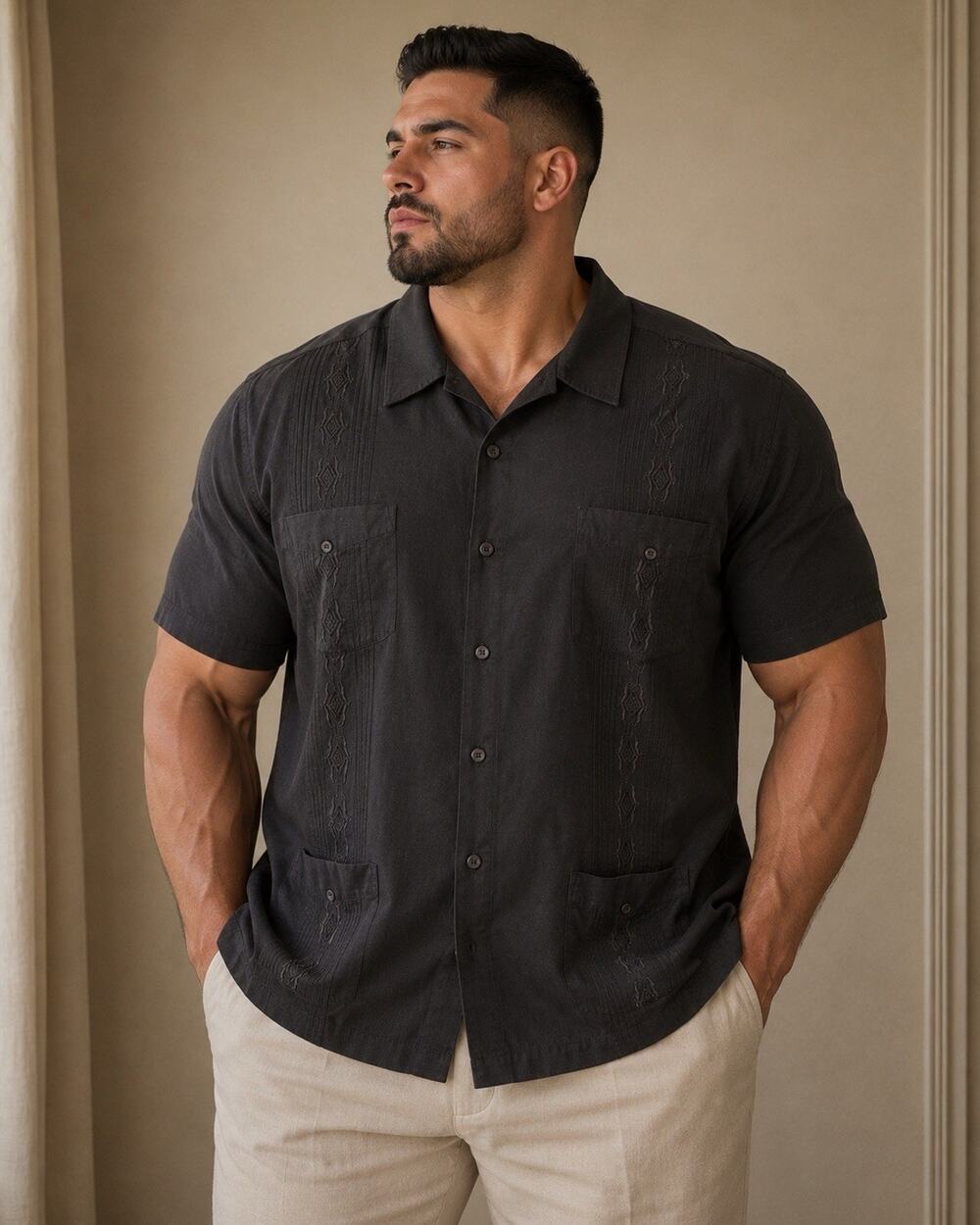 Foxfire Men’s 1X Embroidered Button Down Guayabera Cuban Puerto Rican Shirt